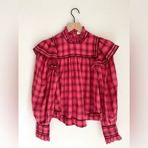 Ulla Johnson Pink Red Gingham Checkered Ruffle Top Small